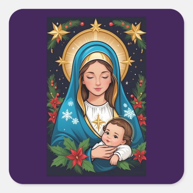 Christian Roman Catholic Virgin Mary Christmas Square Sticker (Front)