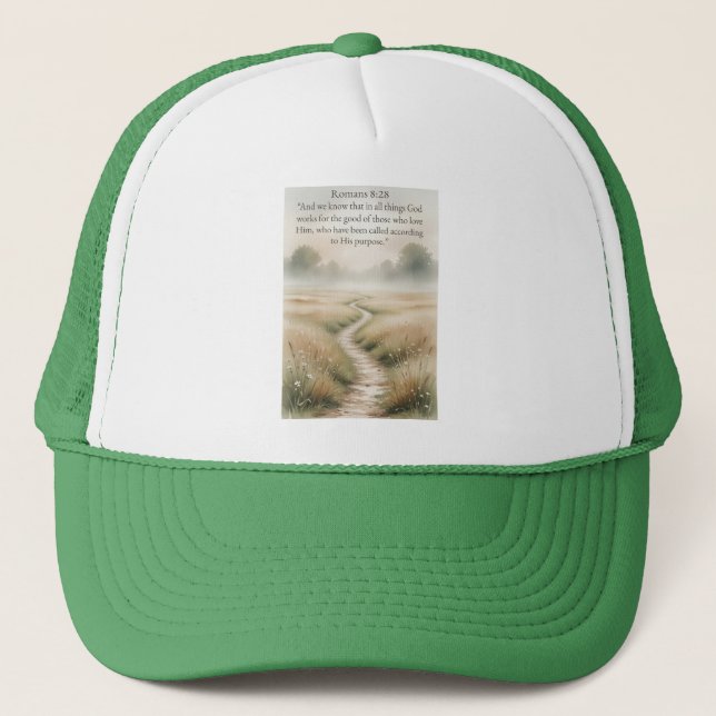 Christian Romans 8:28 Bible Verse Trucker Hat (Front)