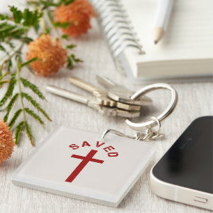 Christian Saved Red Cross and Text Design Keychain