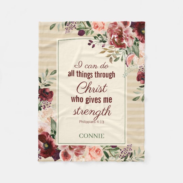 Christian Scripture Burgundy Floral Personalized Fleece Blanket (Front)