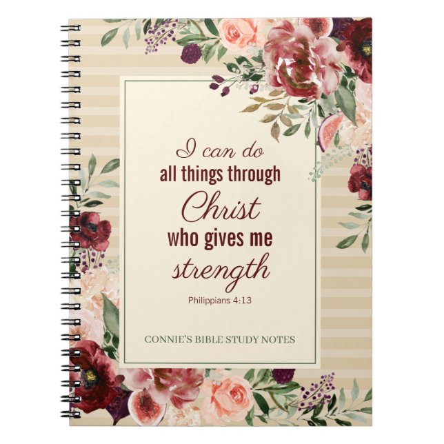 Christian Scripture Burgundy Floral Personalized Notebook (Front)