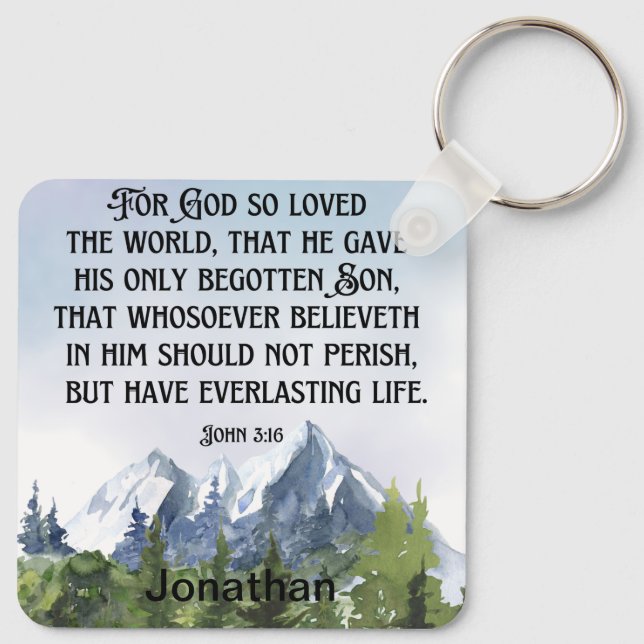 Christian Scripture John 3 16 Watercolor Nature Keychain (Back)