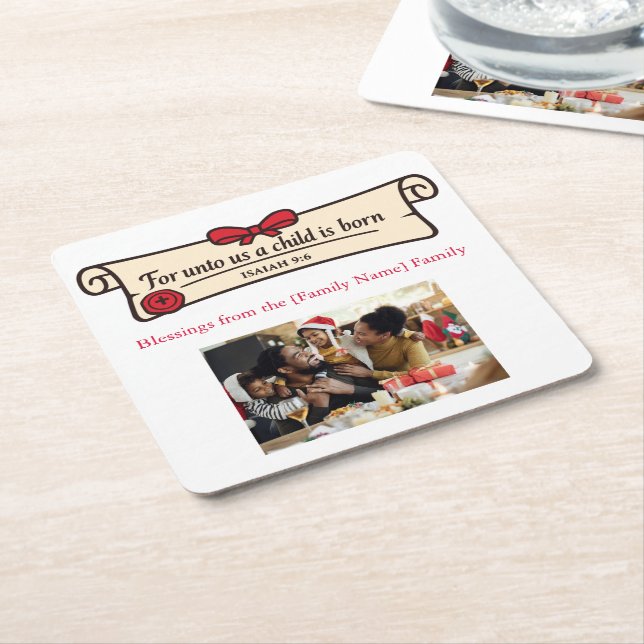 Christian Scroll Isaiah 9 6 Religious Custom Photo Square Paper Coaster (Angled)