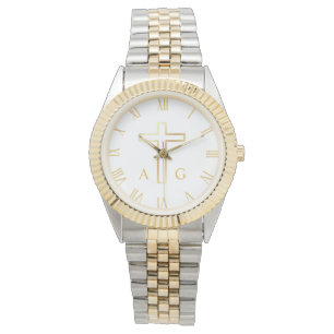 Christian simple gold cross on with monogram watch
