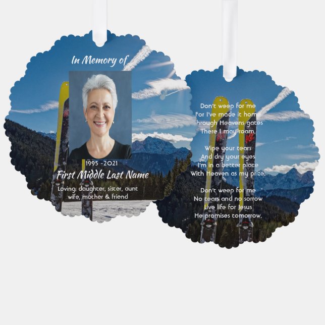Christian Skiing Skier  Memorial Keepsake  Ornament Card (Front/Back)