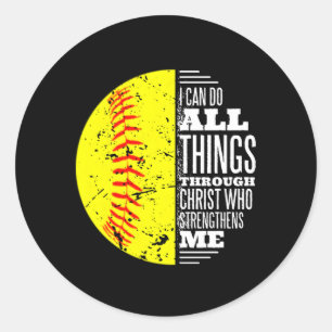 Christian Softball I Can Do All Things Through Chr Classic Round Sticker
