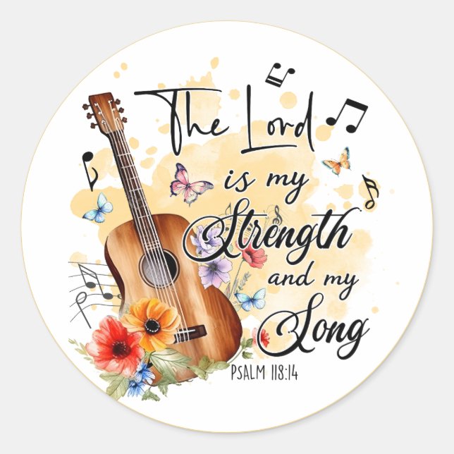 Christian Strength and Song Guitar Psalm 188:14  Classic Round Sticker (Front)
