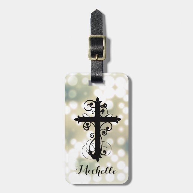 Christian Swirling Cross Personalized Luggage Tag (Front Vertical)
