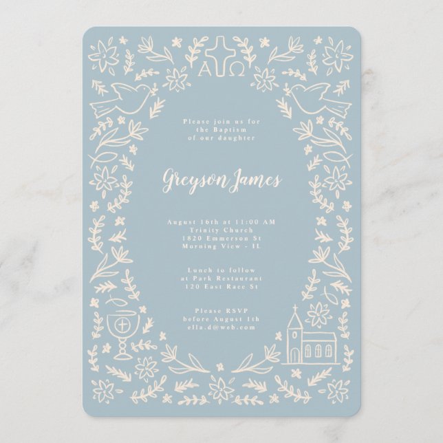 Christian Symbols Baptism Invitation Blue (Front)