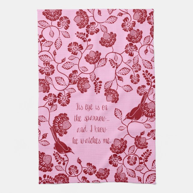 Christian Tea Towel His Eye is on the Sparrow Pink (Vertical)