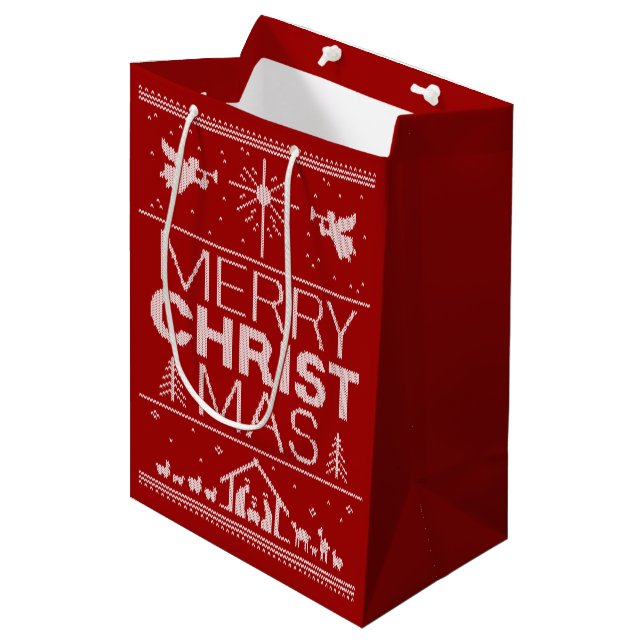 Christian Ugly Christmas Sweater Merry Christ Mas Medium Gift Bag (Front Angled)