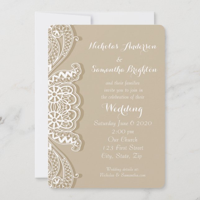 Christian Vintage Classic White Lace Taupe Wedding Invitation (Back)