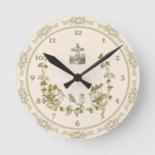 Christian Wall Clock with Birds, Flowers, Cross