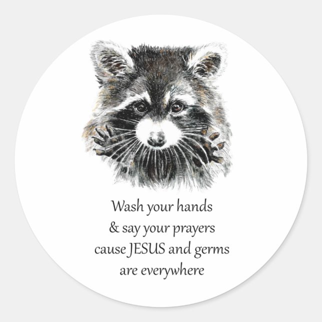 Christian Washroom Wash your Hands Raccoon Animal Classic Round Sticker (Front)
