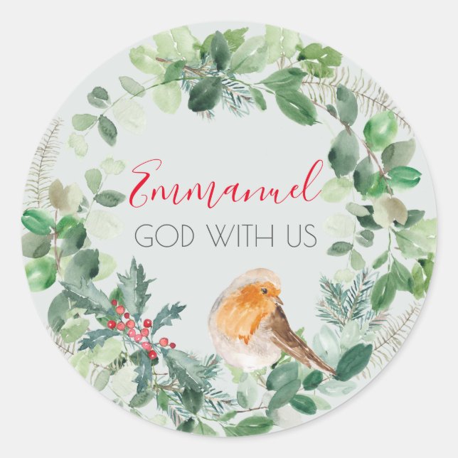 Christian Watercolor Wreath God With Us Sticker (Front)