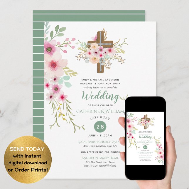Christian Wedding Catholic Watercolor Flowers Boho Invitation (Creator Uploaded)