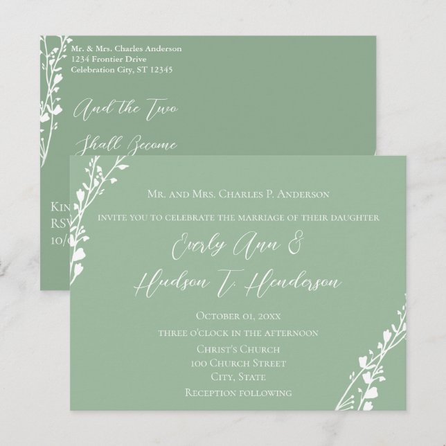 Christian Wedding Floral Green and Blue Invitation Postcard (Front/Back)