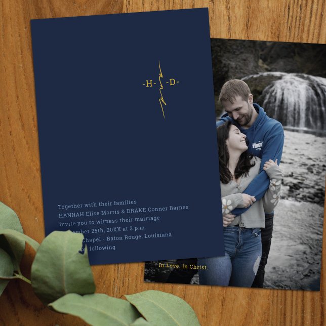 Christian Wedding | Gold Initials Cross | Blue Invitation (Creator Uploaded)