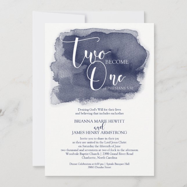 Christian Wedding Invitation - Watercolor Navy (Front)