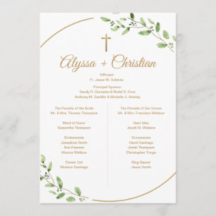 Christian Wedding Party Greenery Gold Cross  Program