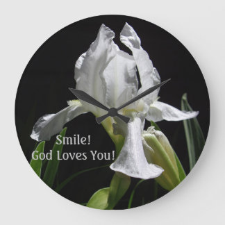 Christian White Iris Smile! God Loves You! Large Clock