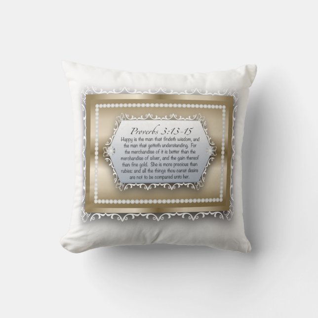 Christian Wisdom Gold Bible Quote Proverbs 3:13 Throw Pillow (Front)
