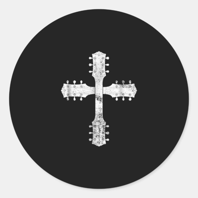 christian worship team guitar cross classic round sticker (Front)