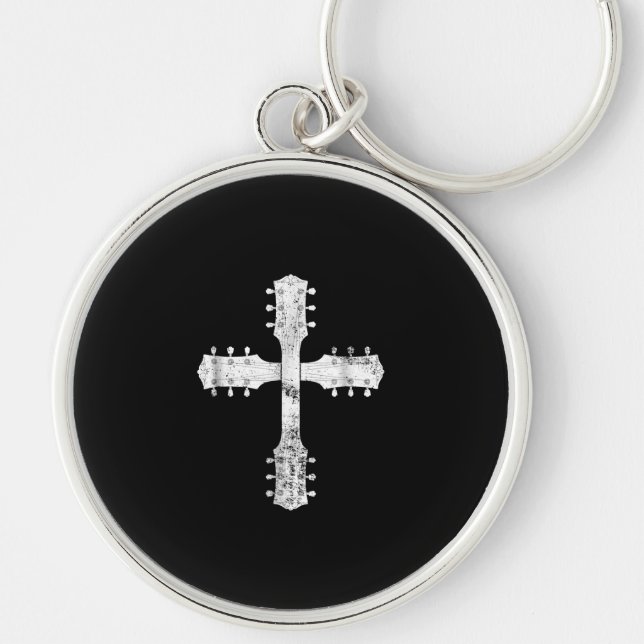 christian worship team guitar cross keychain (Front)
