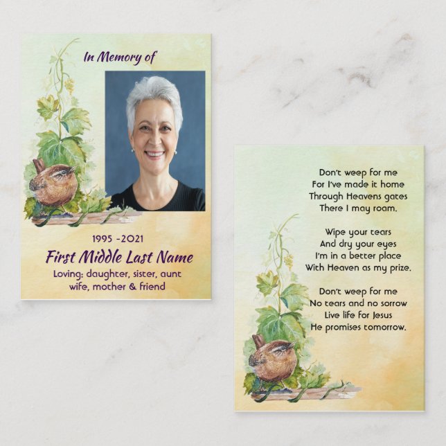 Christian Wren Bird Vineyard Memorial Keepsake Business Card (Front/Back)