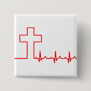 Christians Cross Heartbeat Life EKG ECG 2 Inch Square Button