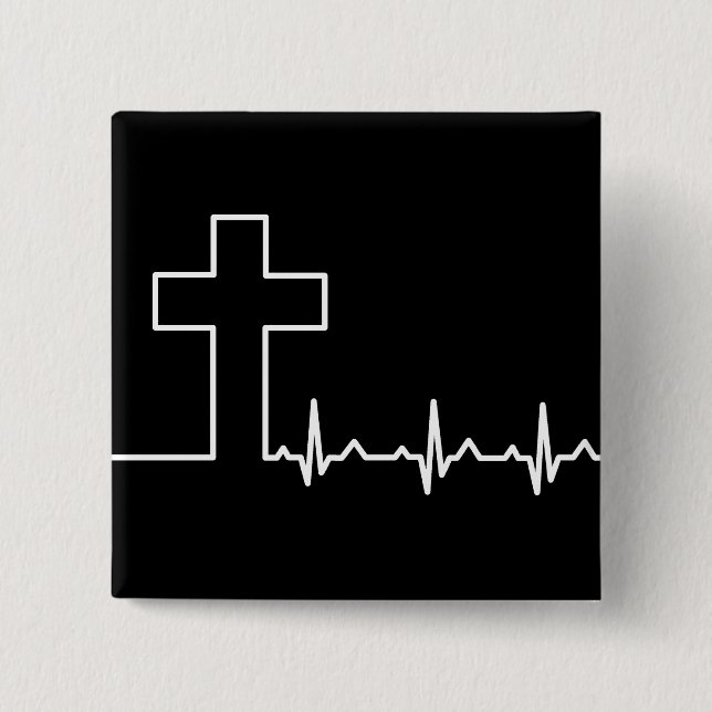 Christians Cross Heartbeat Life EKG ECG 2 Inch Square Button (Front)