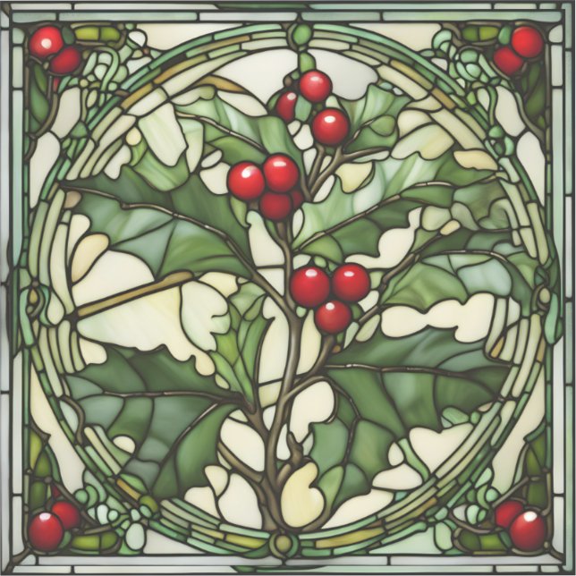 Christimas Stained Glass: Yule Holly Vinyl Sticker (Front)