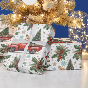Christma Red Truck Dog & Holiday Greenery  Wrapping Paper