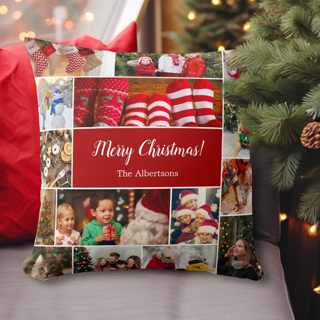 Christmas 15 Photo Collage with Family Name Red Throw Pillow (Creator Uploaded)