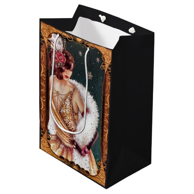 Christmas 1920s Flapper Girl in Glittery Dress Medium Gift Bag (Front Angled)