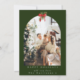 Christmas 1 Photo Arch Foliage Red Bow Holiday Card