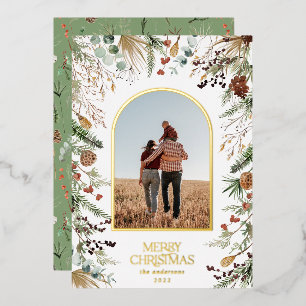 Christmas 1 photo arch watercolor botanical floral foil holiday card