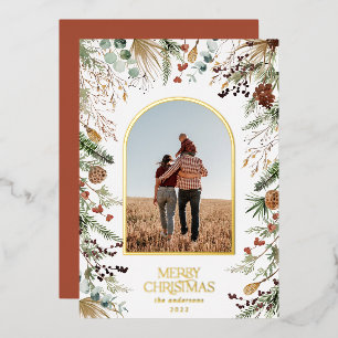 Christmas 1 photo arch watercolor botanical floral foil holiday card