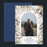 Christmas 1 photo arch watercolor botanical floral holiday card<br><div class="desc">Mery Christmas modern elegant watercolor dried botanical floral muted colours holiday arch 1 photo Christmas card. Navy blue backer.</div>