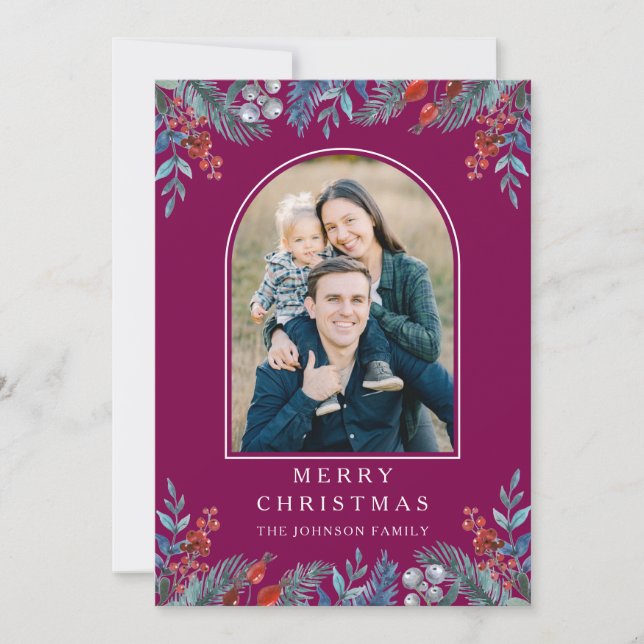 Christmas 1 Photo Arch Watercolor Botanical Holiday Card (Front)