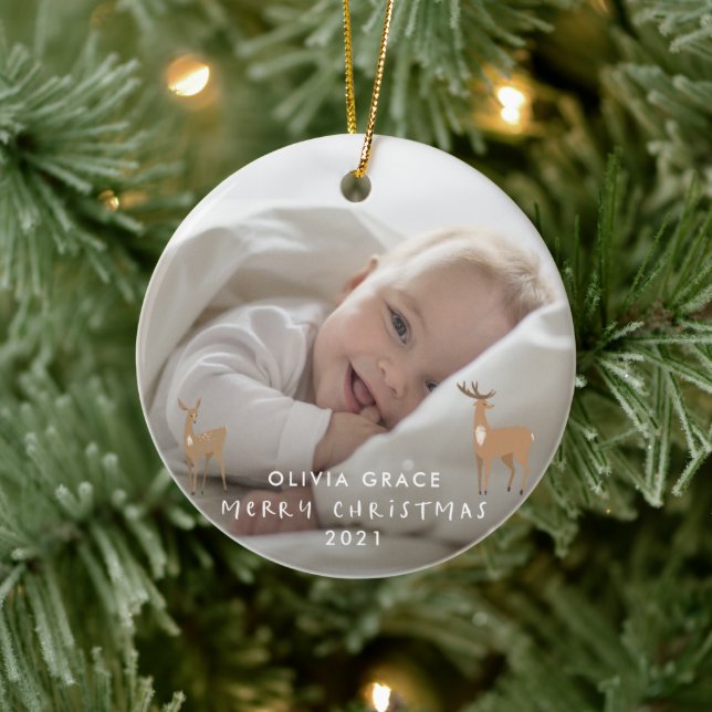 Christmas 1 photo baby details deer ceramic ornament (Tree)