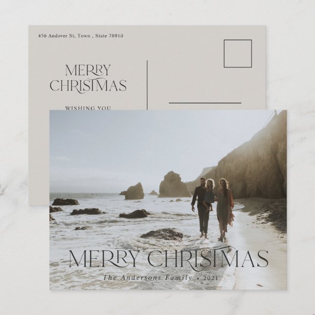 Christmas 1 photo modern typography gray elegant postcard (Front/Back)