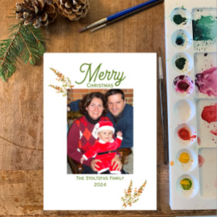 Christmas 1 Photo Watercolor Boho Wildflower Holiday Card