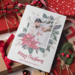 Christmas 1 photo watercolor poinsettia botanical holiday card<br><div class="desc">Modern Christmas card featuring a delicate winter-themed botanical watercolor frame with a lovely red poinsettia and festive greenery. Add one of your favorite photos and your name to customize.</div>