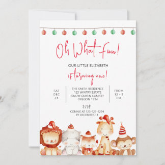 Christmas 1st Birthday, Animal Party, Santa Invitation
