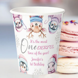 Christmas 1st Birthday Cute Pink Winter Animals Paper Cups