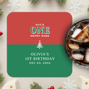Christmas 1st Birthday Party Festive Red & Green Square Paper Coaster