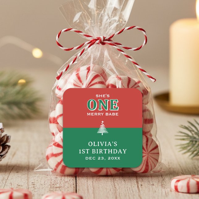 Christmas 1st Birthday Party Festive Red & Green Square Sticker (Christmas 1st Birthday Party Festive Red & Green Square Sticker
)