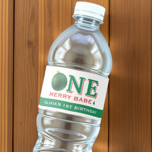 Christmas 1st Birthday Party Festive Red & Green Water Bottle Label