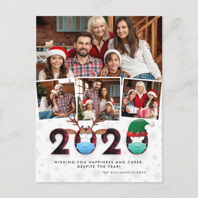 Christmas 2020 | Cute Funny Masks & Plaid 4 Photo Holiday Postcard (Front)